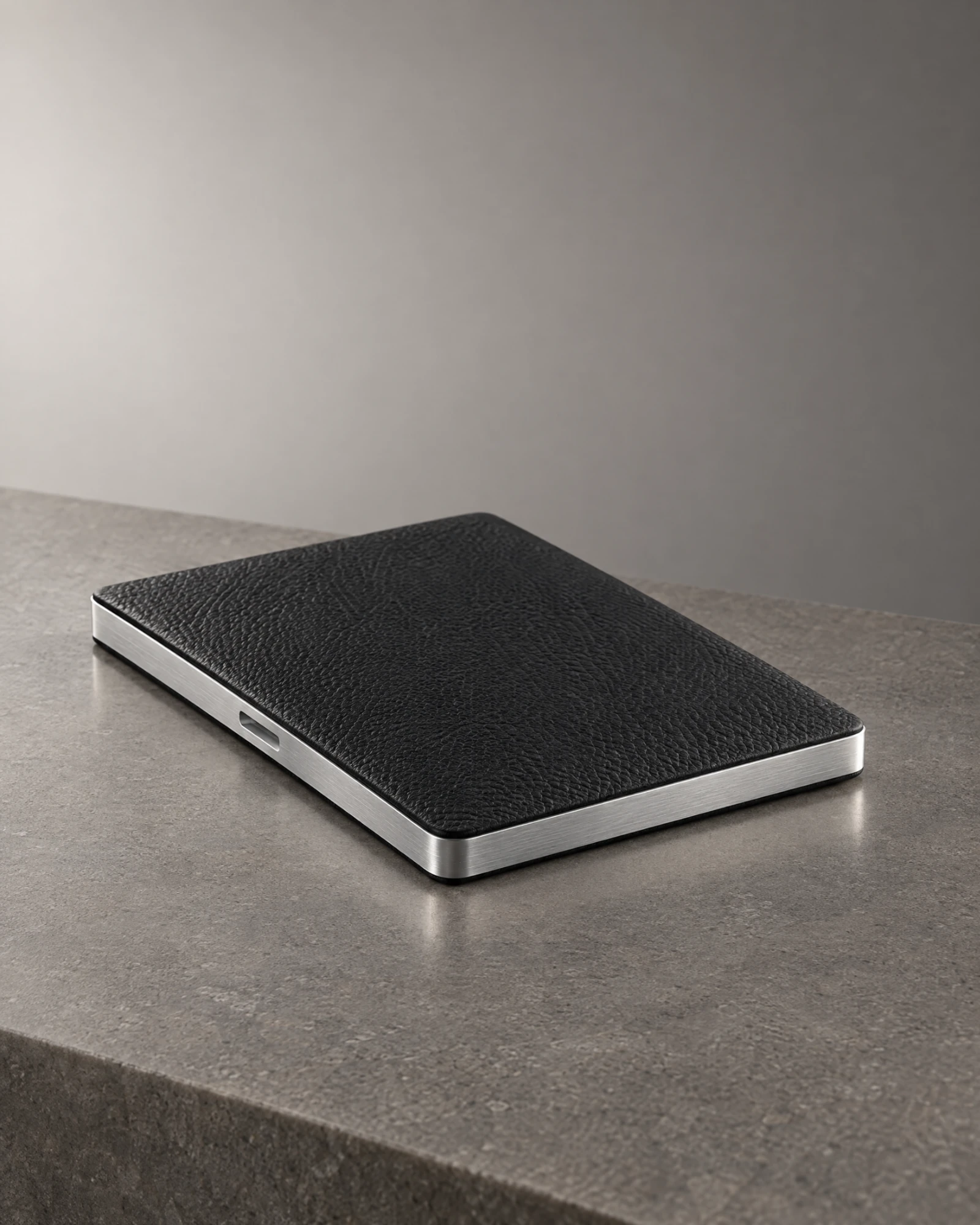 Finished exterior render showing textured black material and brushed silver edges